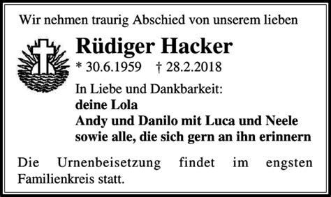 Traueranzeigen von Rüdiger Hacker trauer anzeigen de