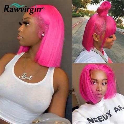 Hot Pink Colored Short Bob Raw X Lace Front Wigs For Women Human