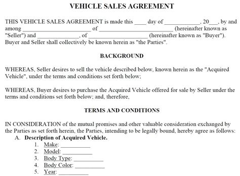 Vehicle Sales Agreement Etsy