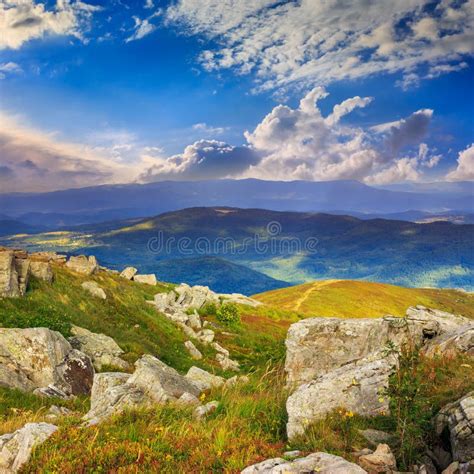 Light On Stone Mountain Slope With Forest At Night Stock Photo Image