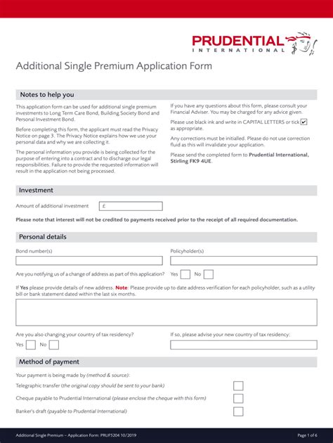 Fillable Online Additional Single Premium Application Form PruAdviser