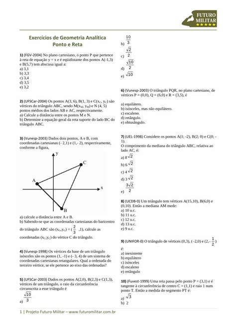 Pdf Exerc Cios De Geometria Anal Tica Ponto E Reta Plano E R A Reta