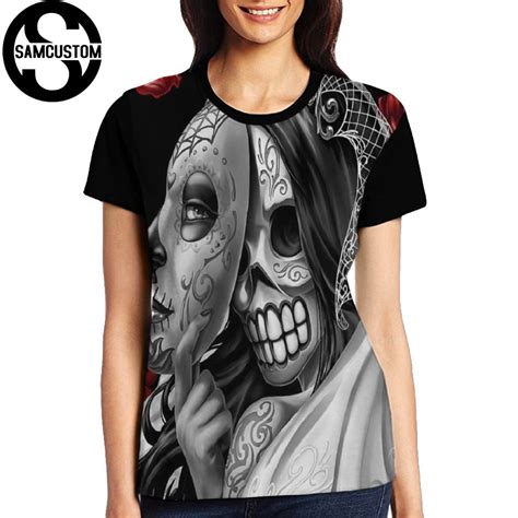 Samcustom Full Print Female Tees Short Sleeve T Shirt Lady T Shirt 3d Sugar Skull Evil Mask T