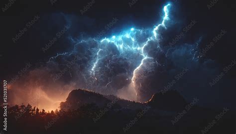 Dark dramatic stormy night sky with lightning bolts. Night.mountain ...