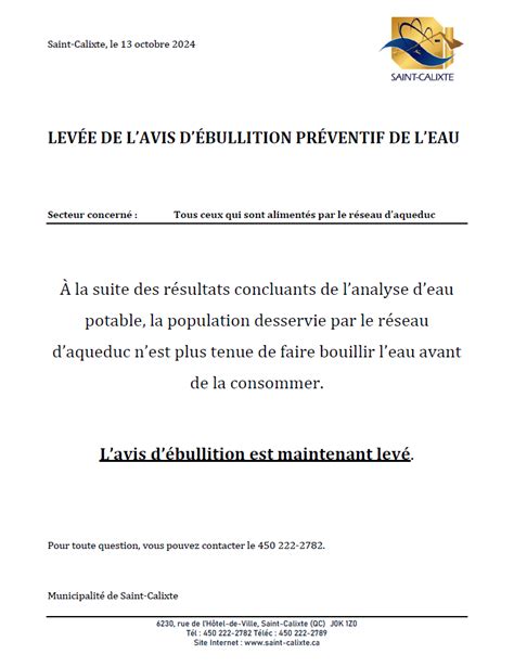 Lev E De L Avis D Bullition D Eau Pr Ventif Municipalit De Saint