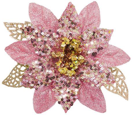 Holiday Time Pink And Gold Glitter Poinsettia Flower Clip On Ornament