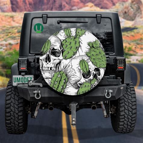 Human Skull And Green Different Cacti Spare Tire Cover Car Accessories Jeep Tire Covers