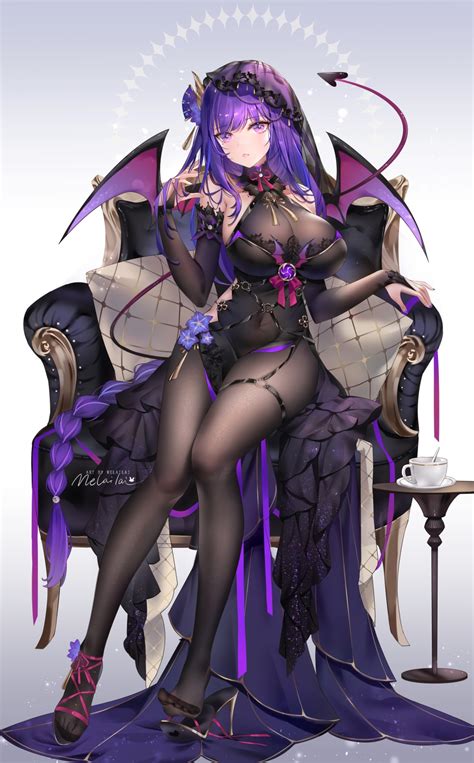 Purple Hair Big Boobs Demon Girls Braids Moles Mole Under Eye