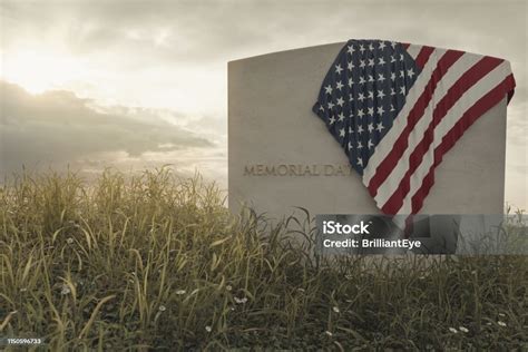 3d Rendering Of Close Up American Flag Laying On Grave At The Peaceful Flower Meadow To Remember