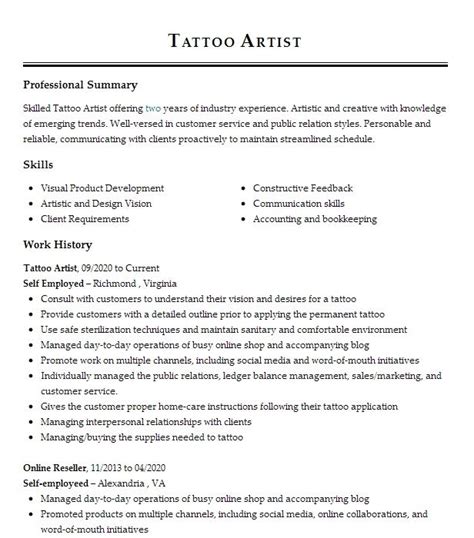 Tattoo Artist Resume Example