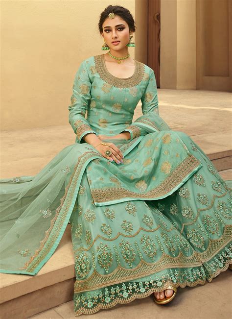 Buy Online Jacquard Silk Sea Green Embroidered Designer Palazzo Suit