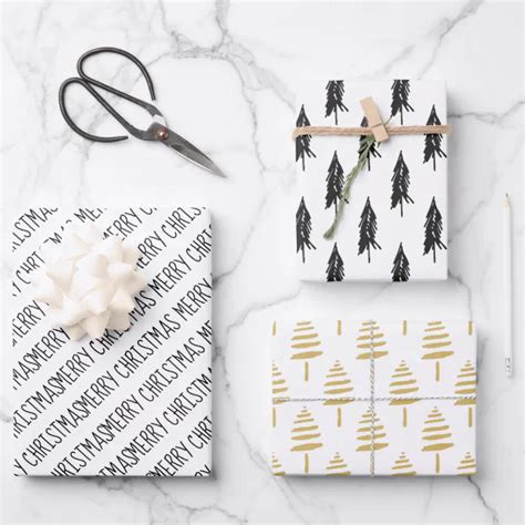 Modern Black And Gold Merry Christmas Trees Wrapping Paper Sheets Zazzle