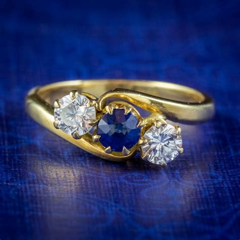 Antique Edwardian Sapphire Diamond Trilogy Twist Ring 18ct Gold Circa 1905