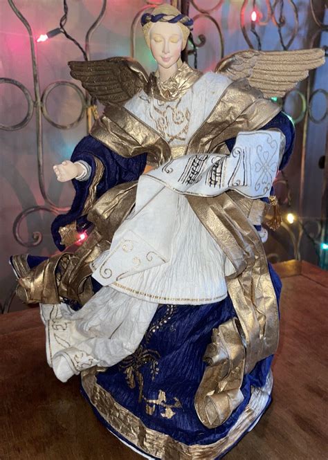 Vintage Paper Mache Angel Figure Or Christmas Tree Topper Navy Blue Gold 12” Ebay