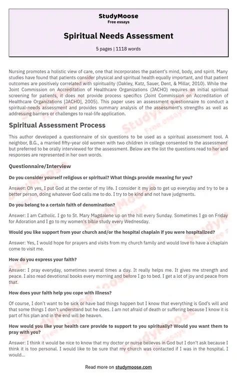 Spiritual Needs Assessment Free Essay Example