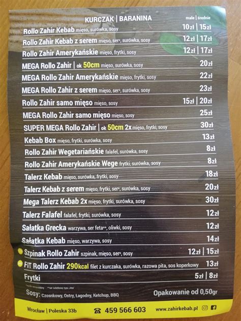 Menu At Zahir Kebab Poleska Restaurant Wroc Aw Poleska B