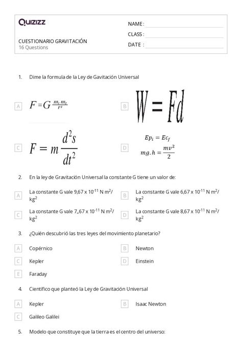 50 Ley de Gravitación de Newton hojas de trabajo para Grado 12 en