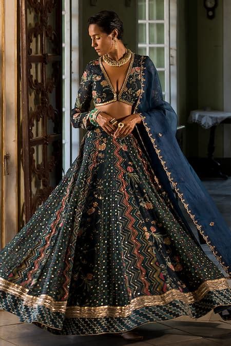 Buy Blue Blouse And Lehenga Organza Printed Floral Plunge V Neck Multi