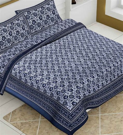 Buy Blue Floral Tc Cotton King Sized Bed Sheets With Pillow