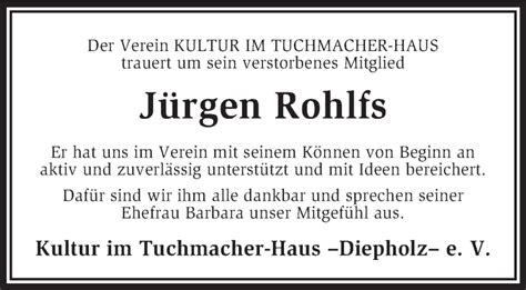 Traueranzeigen Von J Rgen Rohlfs Trauer Kreiszeitung De