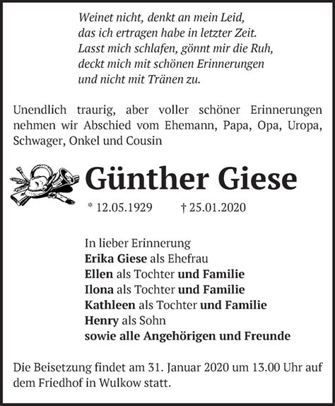 Traueranzeigen Von G Nther Giese M Rkische Onlinezeitung Trauerportal