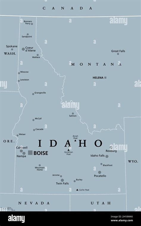 Idaho ID mapa político gris con la capital Boise fronteras ciudades