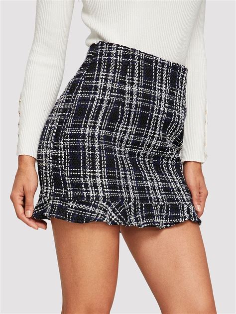 SHEIN Ruffle Hem Plaid Tweed Skirt Mini Skirts Tweed Skirt Bodycon