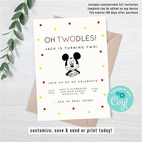 A Mickey Mouse Birthday Party Card With The Phrase Oh Twodles Jack Is