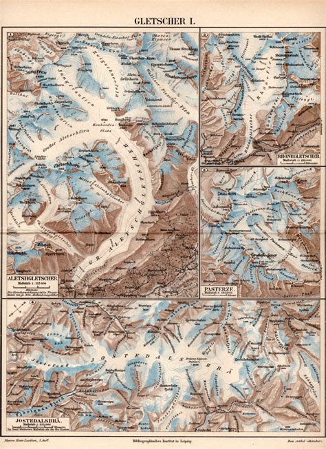 1894 Glacier Antique Map Aletsch Glacier Rhone by Craftissimo