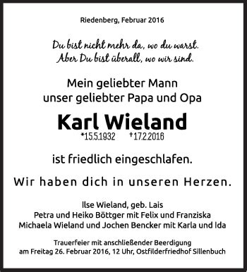 Traueranzeigen Von Karl Wieland Stuttgart Gedenkt De