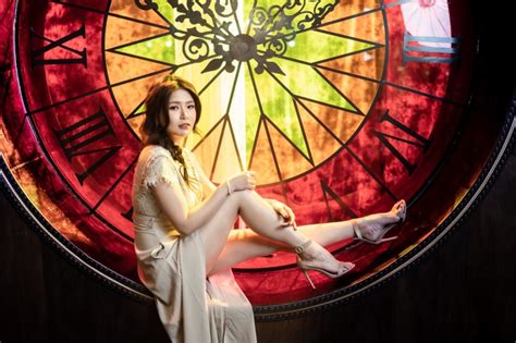 Asian Bokeh Brunette Girl Sitting Side Hands Dress Legs