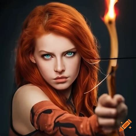 Red Haired Woman With A Flaming Bow And Arrow On Craiyon