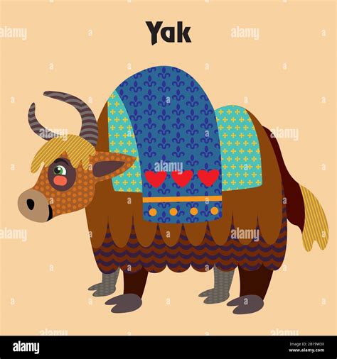 Colorful Decorative Outline Cute Yak Standing In Profile Wild Animals