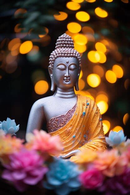Premium Photo Colorful Gautam Buddha Statue With Flowers Image Ai