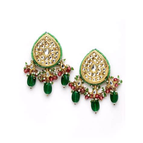 Dugran By Dugristyle Green And Pink Drop Earring With Kundan And Pearls