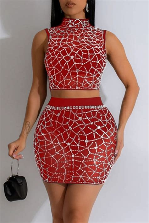 Wholesale Red Sexy See Through Hot Drill Patchwork Half A Turtleneck Sleeveless Two Pieces