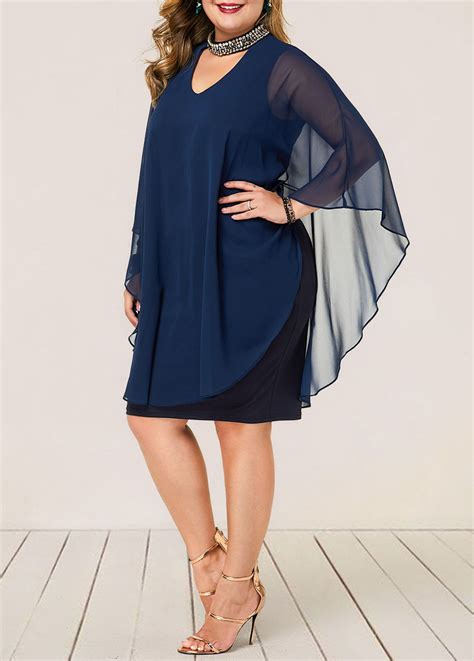 Embellished Neck Plus Size Chiffon Overlay Dress Usd 31