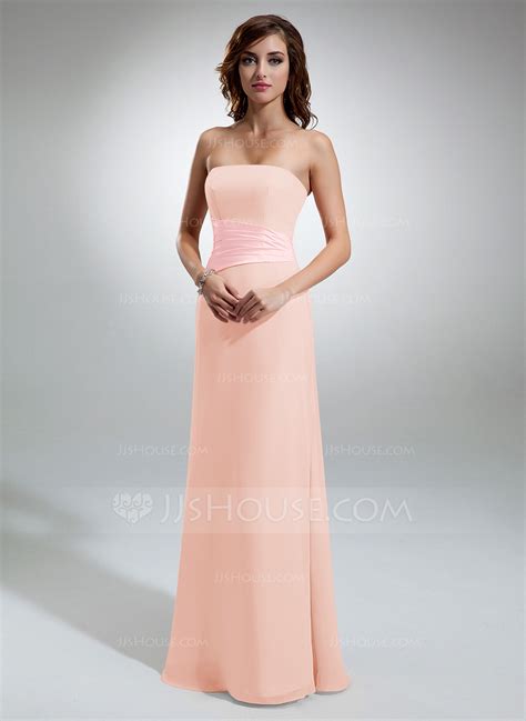 Sheath Column Strapless Floor Length Chiffon Bridesmaid Dress With