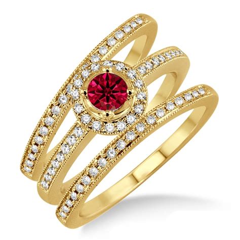 2 Carat Ruby And Diamond Trio Set Halo Ring On 10k Yellow Gold Jeenjewels