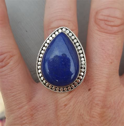 Zilveren Ring Gezet Met Druppelvormige Lapis Lazuli Verstelbaar