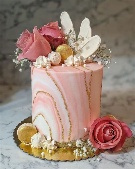 Pink And White Marble Cake With Gold Leaf