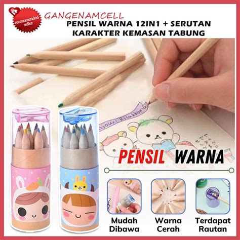 Jual Pensil Warna 12in1 Serutan Karakter Color Pencil Set Kemasan