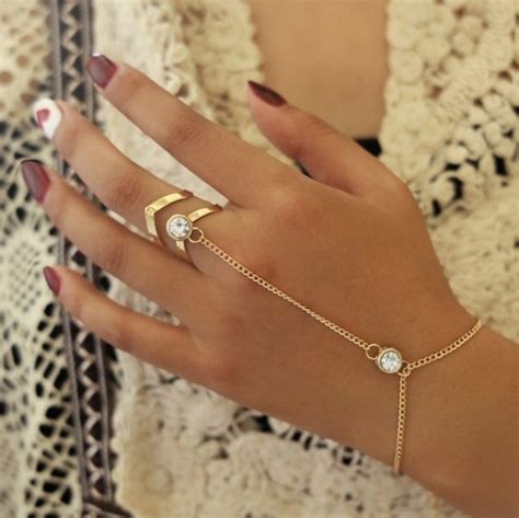 Gold Crystal Ring Bracelet Wrist Chain Jewelry Fashion Hand Etsy