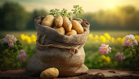 Patatas jóvenes en saco de arpillera sobre mesa de madera con campo