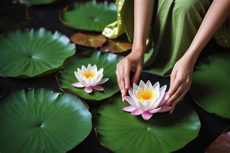 Womans Hands Holding Water Lily Or Lotus Flower Vesak Day Buddhist Lent