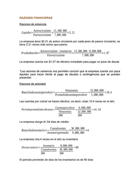 Razones Financieras Ejercicio Razones Financieras Razones De