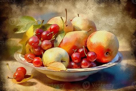 Still Life A Plate Of Fruit On A Table A Painting Painted In Watercolor On Textured Paper