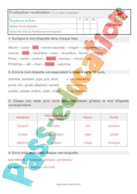 Les mots étiquettes Ce1 Étude de la langue Evaluation avec la