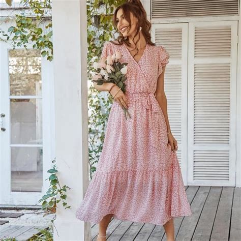 Robe femme Été chic et elegant Col en V Sexy Vacances à la plage Rose