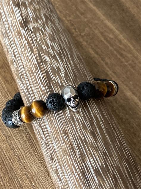 Skull Brown Tiger Eye Mens Bracelet Etsy